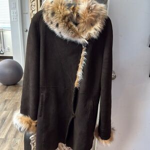 Blue duck chocolate brown suede shearling. Dyed fox trim Gorgeous!!!!